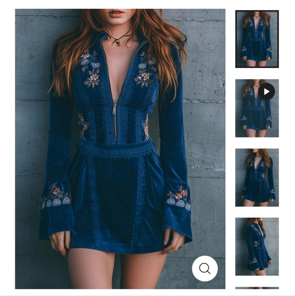 FuTario Dresses & Skirts - FuTario Boho Blue Velvet Zipper Front Embroidered Lace Trimmed Mini Dress Large